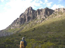 from the western end of Cradle mountain the dolerite columns are imposing